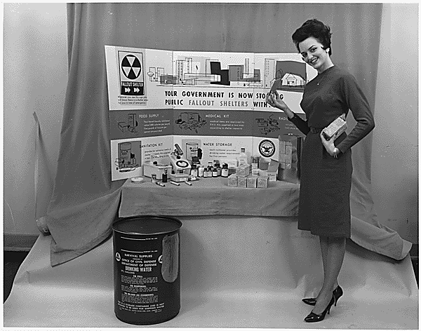 Photograph of a display of survival supplies for the well-stocked fallout shelter, ca.1961. 