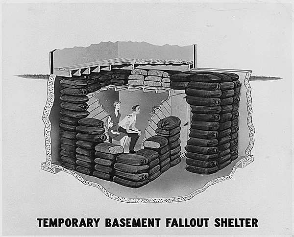 An artist's rendition of a temporary basement fallout shelter, ca.1957